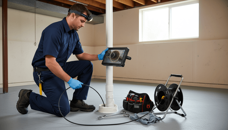 Plumber performing a sewer camera inspection